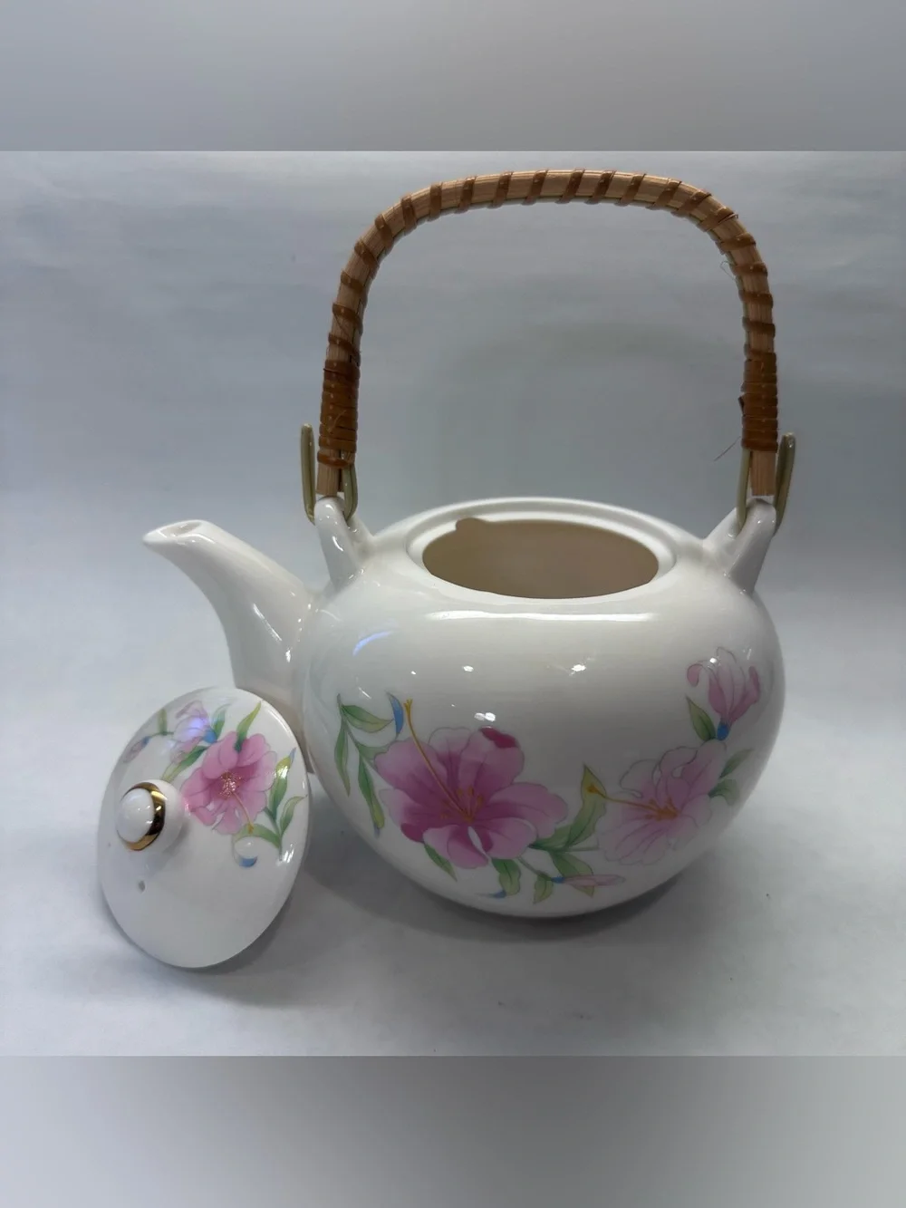Vintage Price Products Teapot Floral Bamboo Handle Japan Hidden Chip on Rim